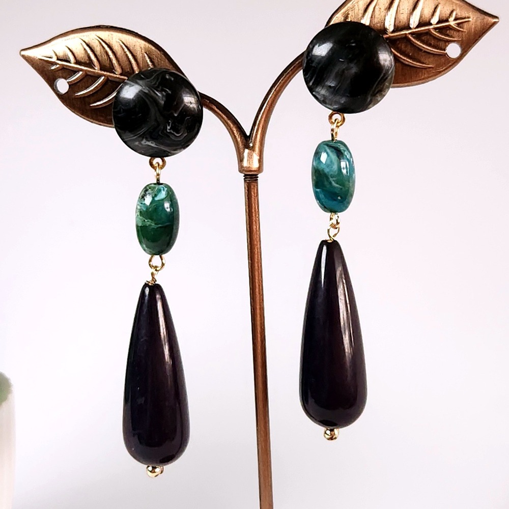 Black and Teal Marbled Resin Teardrop Drop Earrings Gold Tone Post 2.75"
